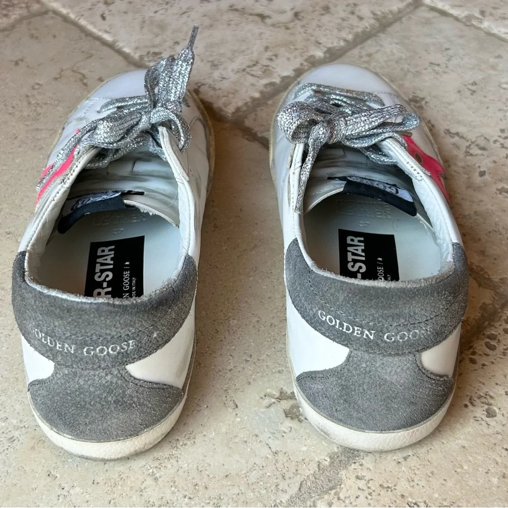 Golden Goose White Sneakers with Pink Star and Silver Laces